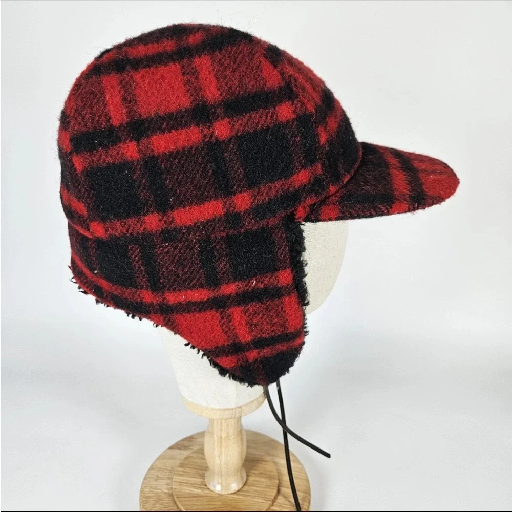 Vintage Eddie Bauer Wool Trapper Hat with Ear Flaps — Red & Black Buffalo Plaid - Picture 5 of 9